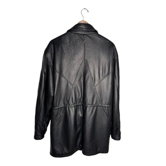 Vintage Echtes Leder Leather Jacket Black Knee Length Cinched Waist Size XL - Picture 10 of 13